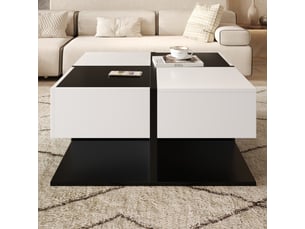Table basse 70x70x35,5 cm avec 2 tiroirs à glissières silencieuses, pour salon, panneau de particules, noir et blanc
