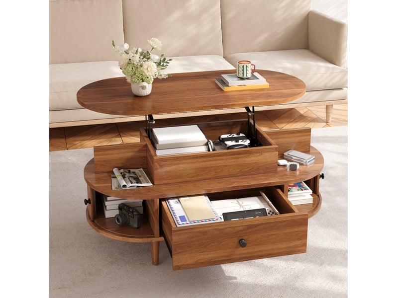  Table basse ovale relevable 105 x 50 cm, mdf, rangement et tiroir, noyer  - Conforama E