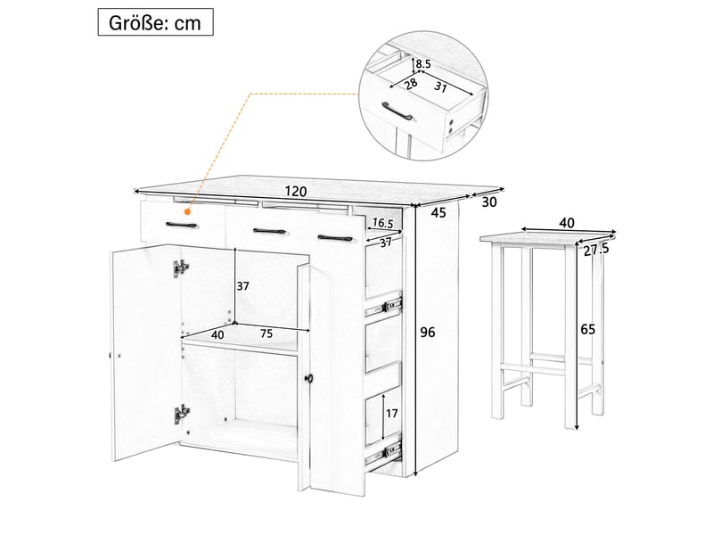  Îlot de cuisine 120x45 cm à plateau extensible, avec tiroirs et étagères réglables, panneau de particules, blanc  - Conforama C