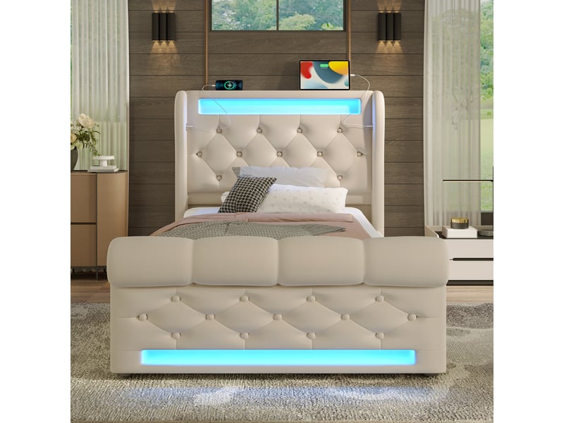 Lit simple 90x200 cm beige velours, coffre hydraulique, tête de lit avec led et usb-c - Conforama B