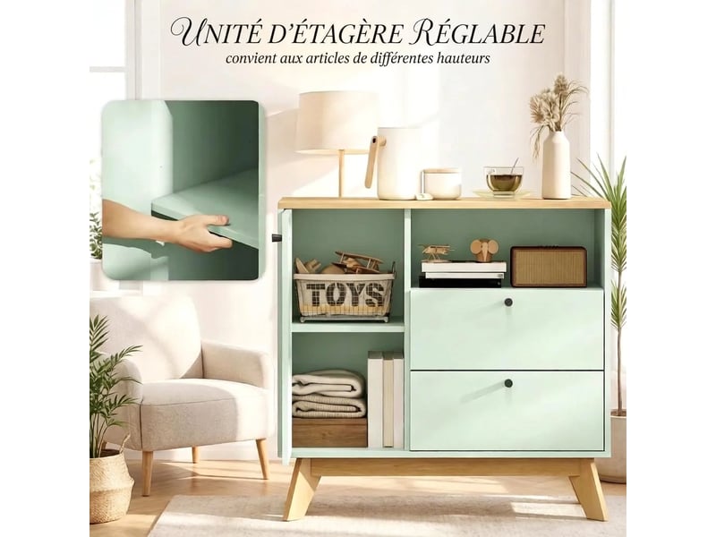  Buffet de cuisine 80 cm vert clair et chêne, 2 tiroirs, porte et étagère réglable  - Conforama E