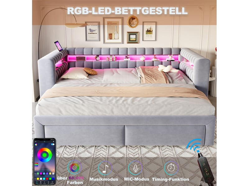  Lit gigogne, 90x180x190 cm, lit tiroir, rangement avec led et usb, tiroirs pratiques intégrés, velours, coloris gris  - Conforama E