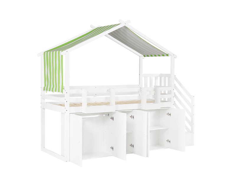  Lit superposé 90x200 cm avec toit, escalier de rangement et rangements intégrés, bois, blanc et vert, sans matelas  - Conforama A