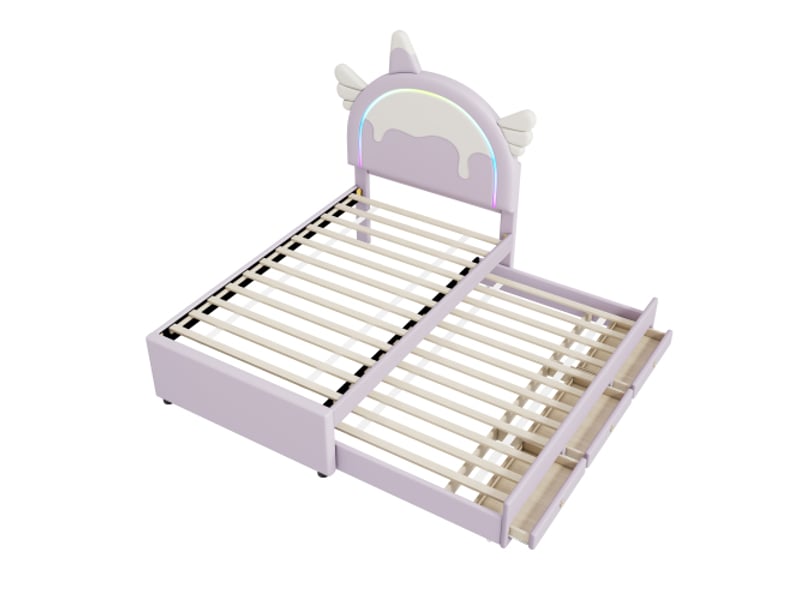  Lit enfant 90x200 cm, lit simple avec lit gigogne et tiroirs sous le lit, en cuir artificiel, violet, sans matelas  - Conforama E