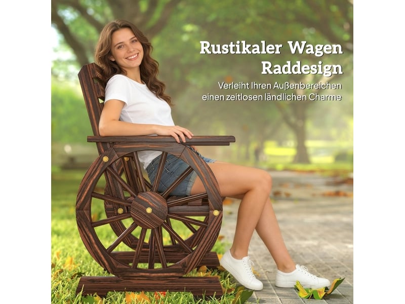 Fauteuil de jardin en bois 66x55x90 cm – bois foncé – design roue de chariot, accoudoirs larges et dossier incliné - Conforama E