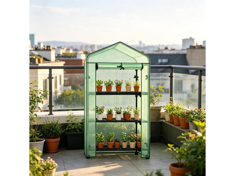  Petite serre de jardin sur roulettes, serre tunnel en polyéthylène, extérieure, compacte  - Conforama E