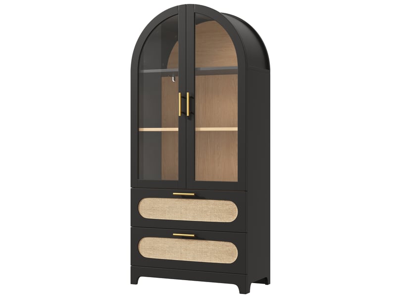  Vitrine haute 80x40x175 cm, bibliothèque avec portes vitrées, 2 tiroirs et étagères réglables, arches style montmartre, noir  - Conforama A