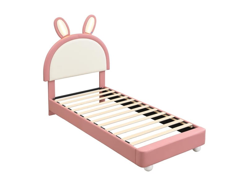  Lit capitonné enfant 90x200 cm en pu, avec tête de lit lapin, led et bordure anti-choc rembourrée, sans matelas, rose et blanc  - Conforama W