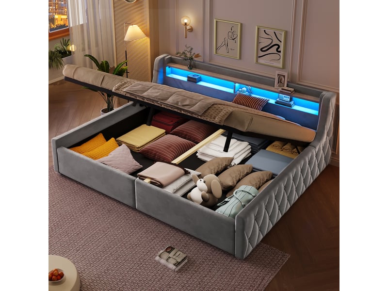  Lit coffre 140 × 200 cm, rangement hydraulique, tête avec led multicolore, sommier à lattes, velours et mdf, gris  - Conforama D