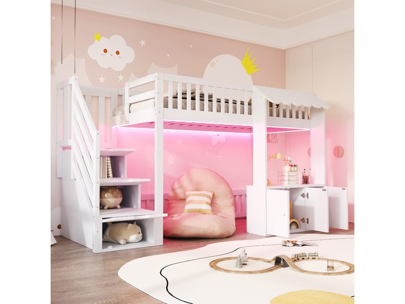  Lit mezzanine 90x200 cm avec escalier de rangement et éclairage led  - Conforama B