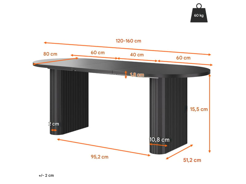  Table à manger extensible ovale en mdf et métal noir 120-160x80x75.5 cm N620CZ260520S - Conforama C