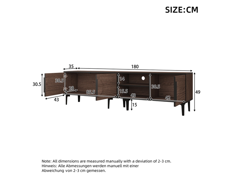  Meuble tv 180x35x49 cm en noyer foncé – 2 portes et étagères ouvertes, pour tv jusqu’à 80 pouces  - Conforama C