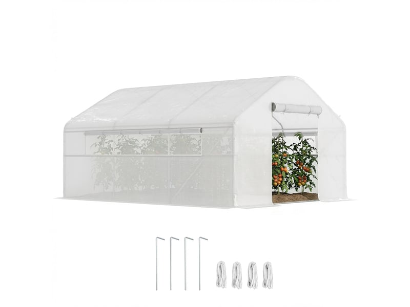  Serre de jardin 4 x 3 x 2m avec portes enroulables et grandes fenêtres, serre tunnel de jardin, blanc  - Conforama A