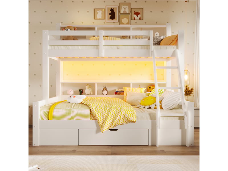  Lit superposé enfant 3 places 90×200 cm et 140×200 cm avec led, rangements et tiroir - okmyhome- sans matelas, blanc  - Conforama C