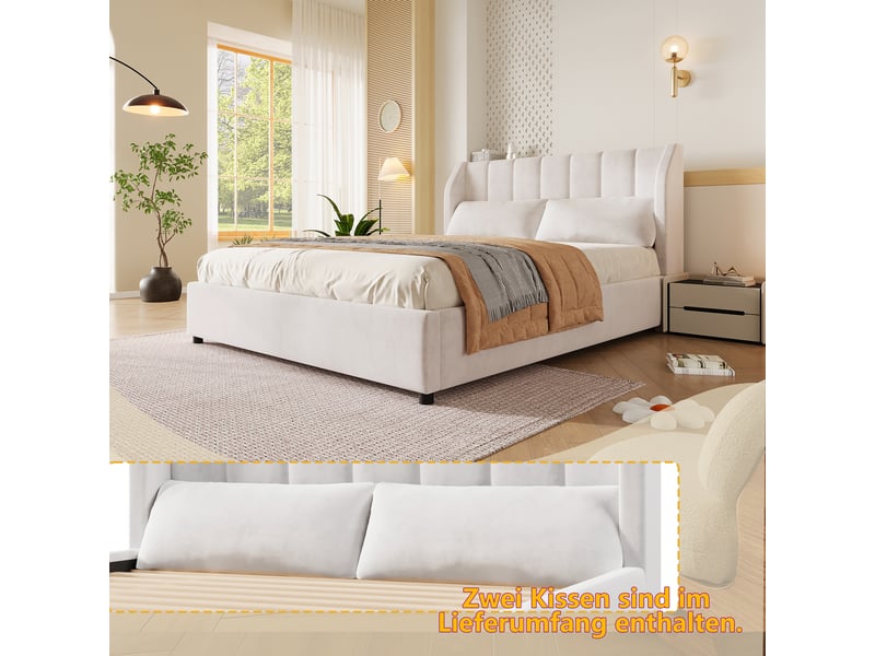  Lit coffre 140x200 cm beige, tissu velours français, tête de lit capitonnée, sommier à lattes inclus, 2 coussins offerts, charge 220 kg  - Conforama D