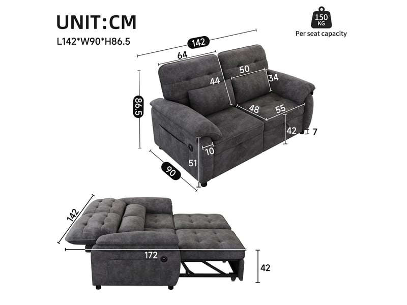  Canapé-lit 3-en-1 2 places gris en chenille avec usb et dossier réglable  - Conforama C