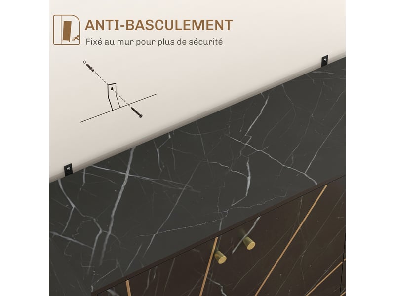  Meuble de rangement buffet salon avec 2 placards 3 portes et étagère réglable, pieds en métal, aspect marbre noir  - Conforama W