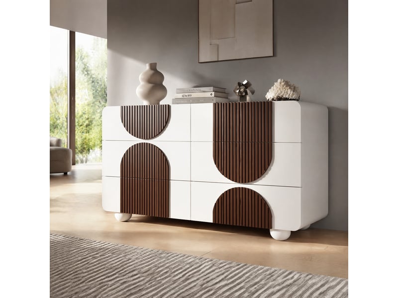  Commode 6 tiroirs 121x71x41 cm, style moderne, design courbé, mdf+bois, blanc, pour salon, meuble de salon  - Conforama B