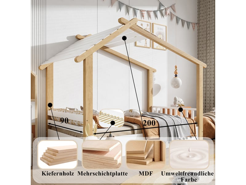  Lit cabane enfant 200×90 cm avec sommier à lattes, sans matelas, en pin, panneaux de particules et mdf, blanc et naturel  - Conforama E