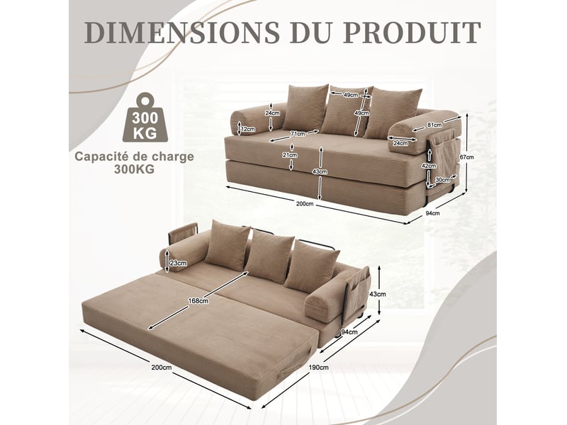  Canapé modulable modenvie 3 places en velours côtelé kaki avec structure en métal, 3 coussins et poche latérale, 200 x 94 x 67 cm  - Conforama C