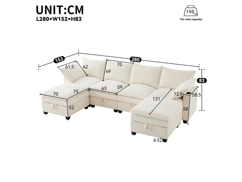  Canapé d'angle modulable 6 places en velours côtelé beige avec rangement, usb et porte-gobelets intégrés  - Conforama C