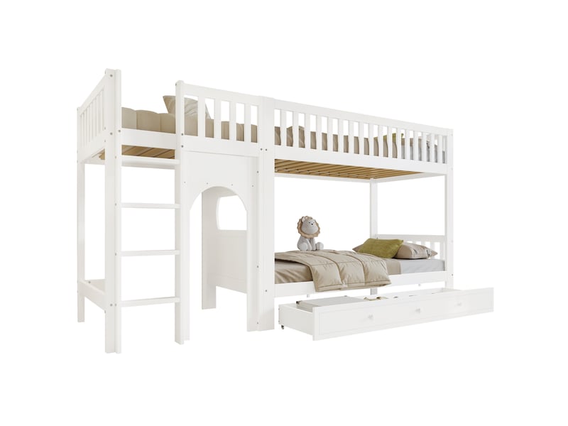 Lit superposé enfant 90x200 cm avec échelle droite 4 marches, lit enfant avec garde-corps 4 côtés, zone personnalisable, pinmdfcontreplaqué, blanc OPULERANE TRADING LTD - Conforama A