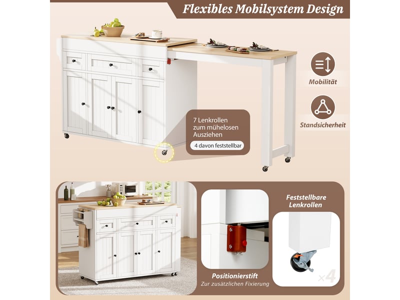  Îlot de cuisine sur roulettes extensible avec 3 tiroirs blanc  - Conforama E
