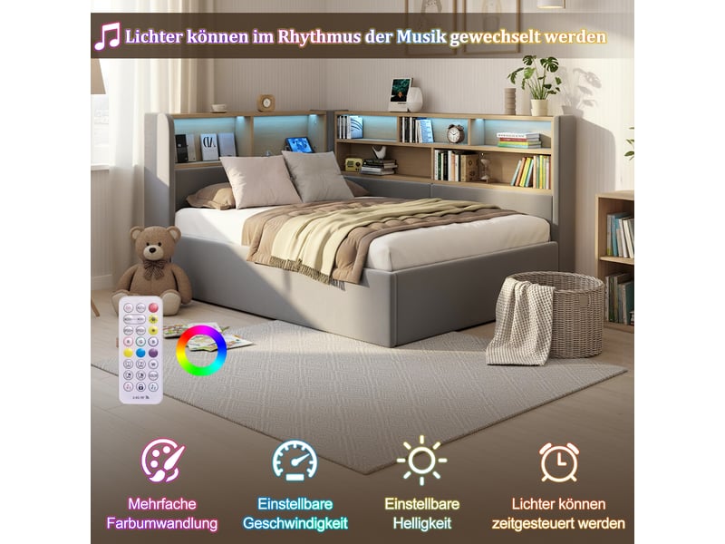 Canapé-lit 90x200 cm, lit enfant, couchage d'appoint, rangement hydraulique, led, port usb, velours gris - Conforama W