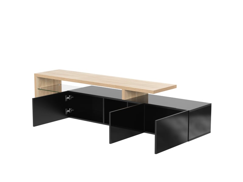 Meuble tv design moderne élégant,3 portes noir brillant,étagères en verre,éclairage led,aspect bois,197.5x39x42cm Façade Brillante,avec Lumière - Conforama A