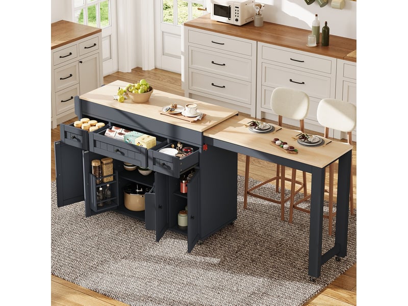  Desserte de cuisine à roulettes avec plan extensible, 3 tiroirs, étagère à épices pour cuisine, en mdf, grise  - Conforama C