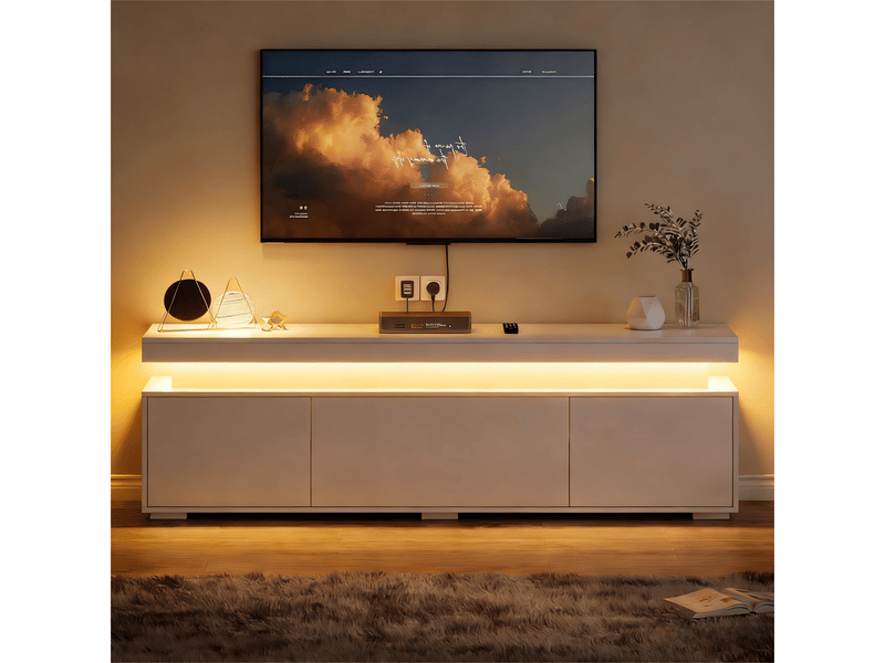  Meuble tv de salon 150x35x43 cm sur pied, meuble tele de rangement à 3 portes, meuble bas avec bandeau lumineux led  - Conforama E