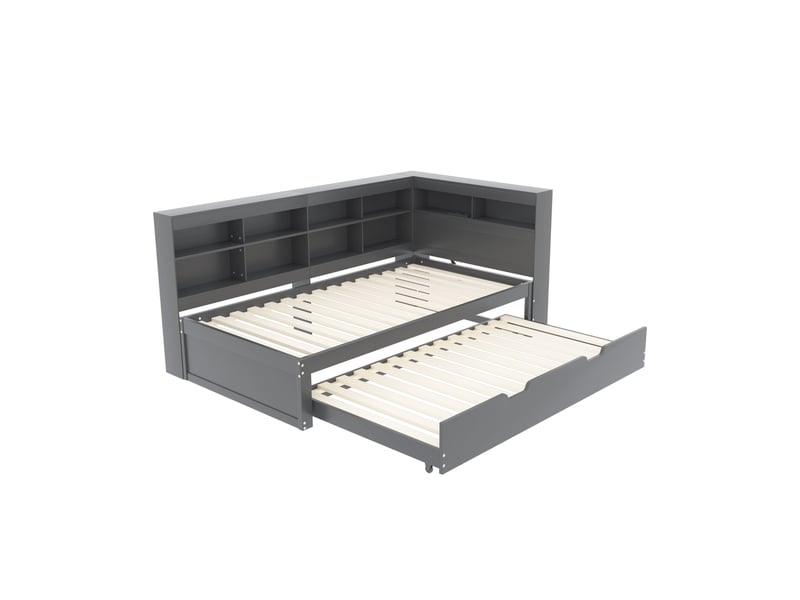 Lit gigogne 90x200 + 90x190 cm avec rangements et port usb, pin gris, sans matelas - Conforama A
