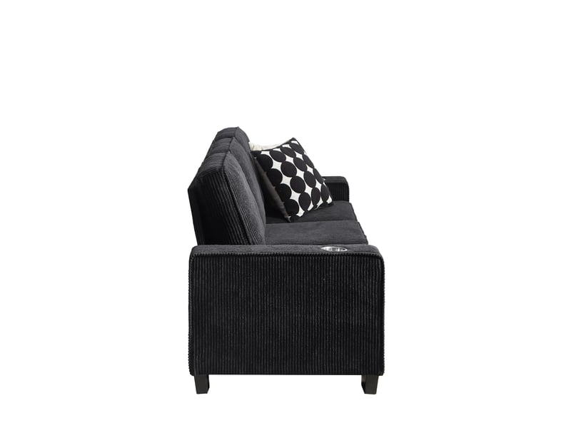  Canapé droit 3 places noir tissu côtelé avec rangement intégré et porte-gobelets design salon moderne  - Conforama W