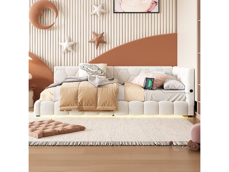  Lit de jour 90x200 canapé lit velours blanc avec éclairage led et ports usbtype-c  - Conforama B