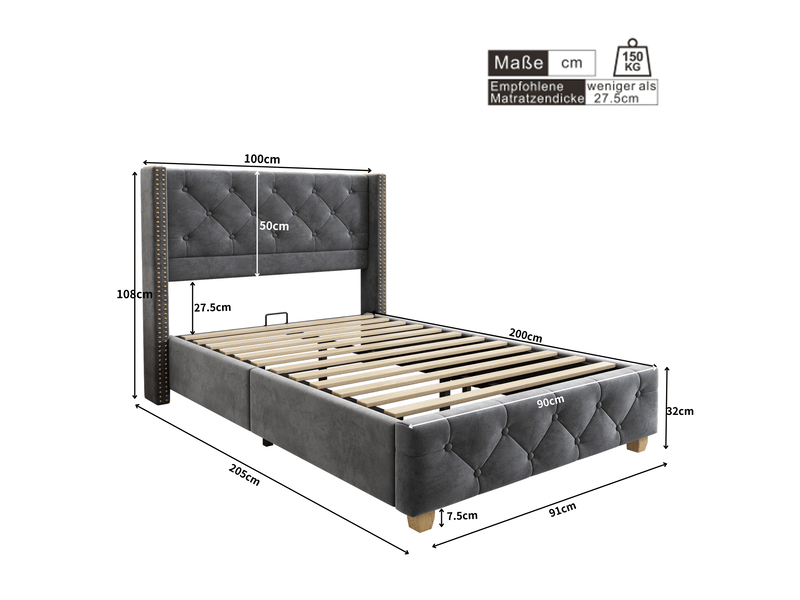  Lit enfant 90x200cm avec sommier à lattes et tête de lit, en velours, sans matelas, gris  - Conforama C