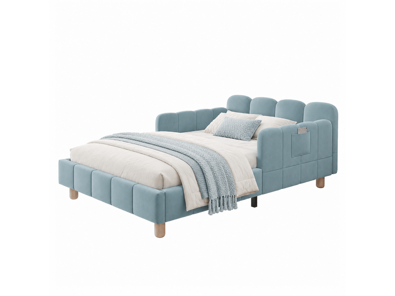  Lit enfant rembourré 90x200 cm avec barrières modulables et poches, cadre de lit en velours, sommier inclus, pieds en hévéa massif, bleu OPULERANE TRADING LTD - Conforama A