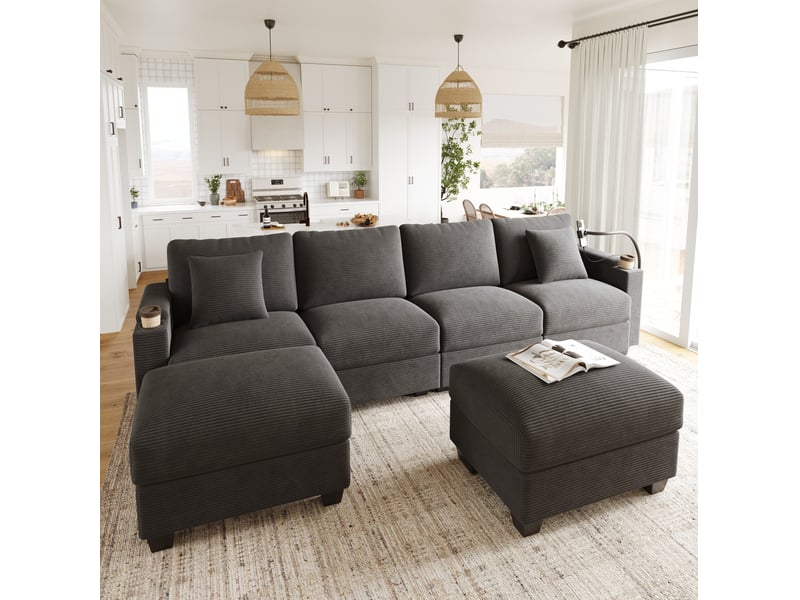  Canapé panoramique en u modulaire avec fonction convertible, ports usb et support smartphone, en velours côtelé gris  - Conforama C