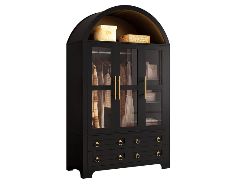  Armoire-penderie vitrée 110x50x186cm avec 3 portes en verre, 4 tiroirs, tringle et éclairage led pilotable par application, noir evarich - Conforama A