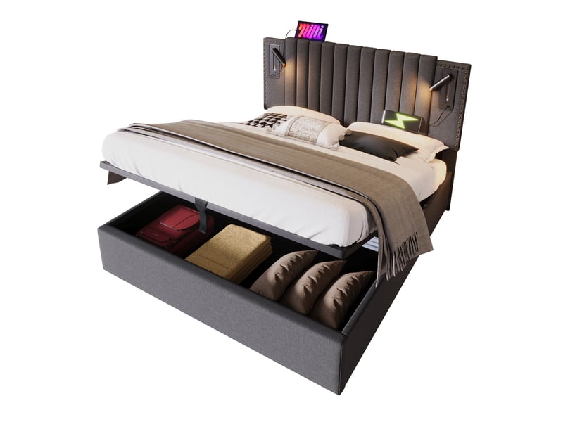  Lit coffre 140 x 200 cm gris avec matelas, éclairage de lecture et ports usbtype-c  - Conforama A