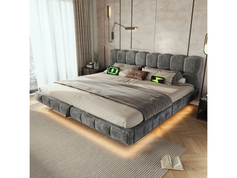  Lit coffre 160x200 cm avec rangement hydraulique, led, usbtype-c, sommier à lattes, design bubble en chenille, gris, sans matelas  - Conforama D