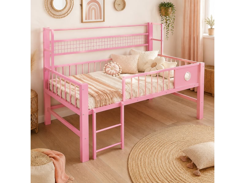  Lit mezzanine bas enfant 90 x 200 cm avec rangement, métal et mdf, rose  - Conforama B