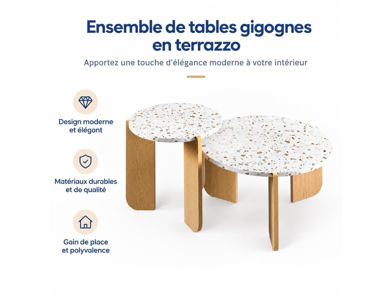  Ensemble de 2 tables basses rondes gigognes, motifs décoratifs blancs et bois naturel, ø 70 et 50 cm  - Conforama A