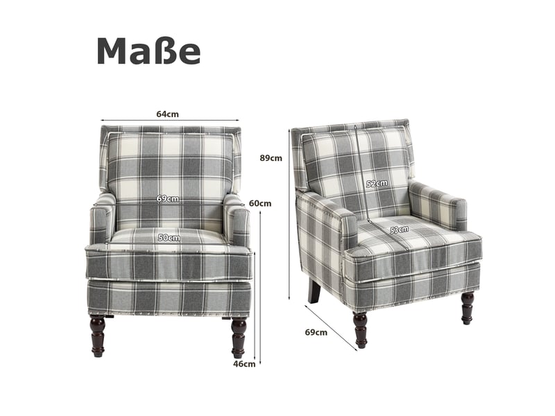  Fauteuil vintage,69x69x89 cm,avec clous décoratifs,tissu coton lin,gris et blanc  - Conforama C