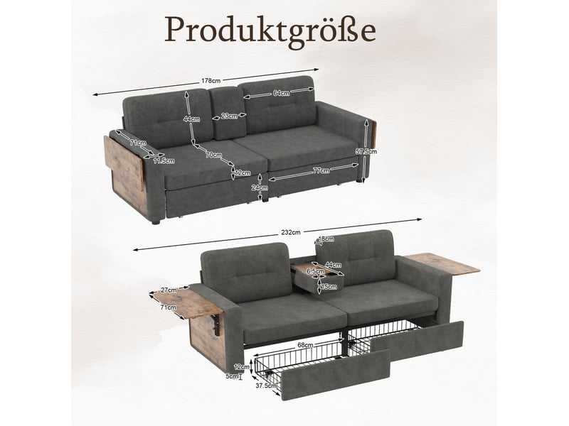 Canape droit 2 places 178x71x57,5 cm avec rangements et table réglable, 2 tiroirs, couleur gris foncé, moderne - Conforama C