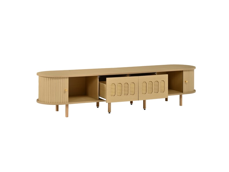  Meuble tv 180cm, lowboard en bois clair et rotin, meuble de salon avec portes coulissantes pour téléviseur jusqu'à 75 pouces  - Conforama E