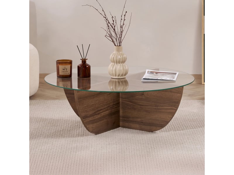  Table basse en verre piètement couleur bois foncé d90 cm  - Conforama B