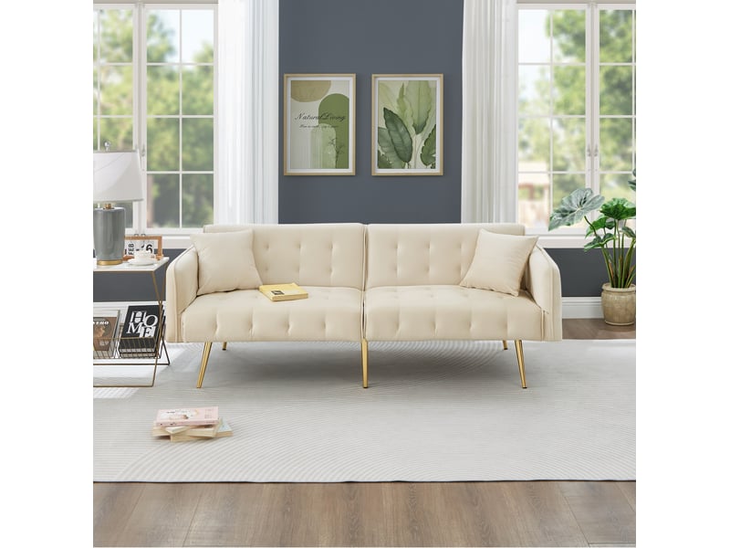  Canapé droit convertible 2 places avec revêtement velours et accoudoirs réglables 6 positions - dossier 3 positions - pieds en métal - beige  - Conforama C