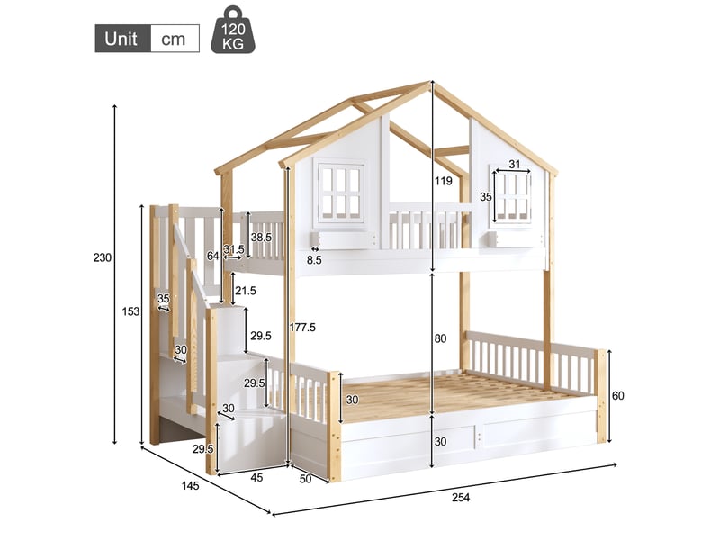  Lit superposé cabane avec lit inférieur relevable, led et escalier de rangement pour chambre d’enfant en pin blanc et naturel  - Conforama C