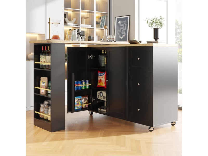  Îlot de cuisine noir table de bar pivotante à 360° (135-203x39x106 cm) avec rangement, roulettes et étagère à snacks  - Conforama D