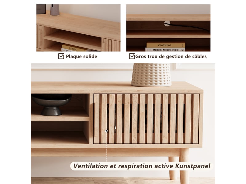  Meuble tv - 150 x 40 x 48 cm-chêne - avec portes à lattes et niches ouvertes - meuble de salon style scandinave  - Conforama E